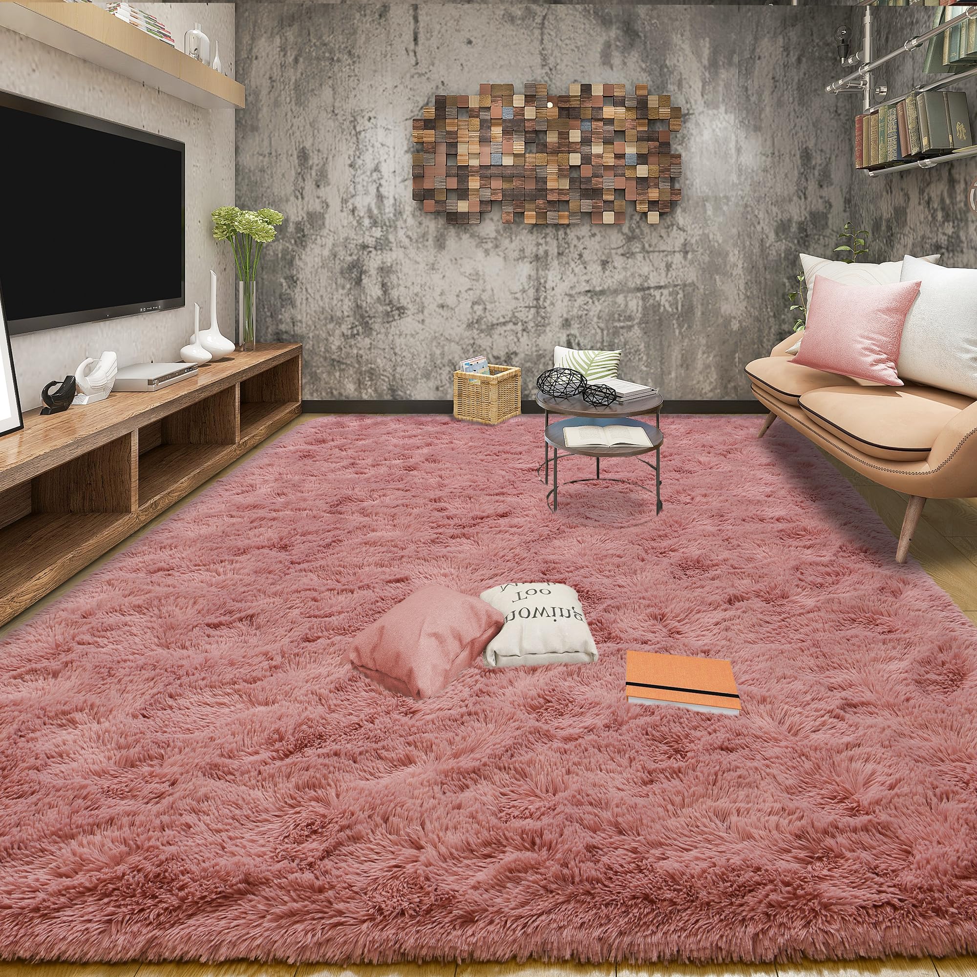 Tepook Blush Pink Area Rugs for Living Room Girls Bedroom, 9x12 Fluffy Shaggy Dusty Pink Rug for Kids Room Playroom, Plush Shag Non-Slip Carpet for Nursery Dorm Classroom, Cute Rose Beige Rug