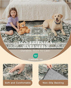 Madane Washable Area Rug 2x3, Small Entryway Rug Non-Slip Vintage Door Mat Indoor Entrance, Low Pile Floor Carpet for Inside Front Door Kitchen Entry (2'x3', Grey Green/Black Olive)