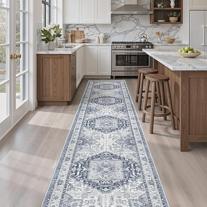 Madane Runner Rugs for Hallway 2x12 Extra Long Washable Non-Slip Hallway Runner Rug Low-Pile Stair Kitchen Throw Carpet Runner for Entrance Living Dining Laundry Room Rug (Navy/White, 2'x12')