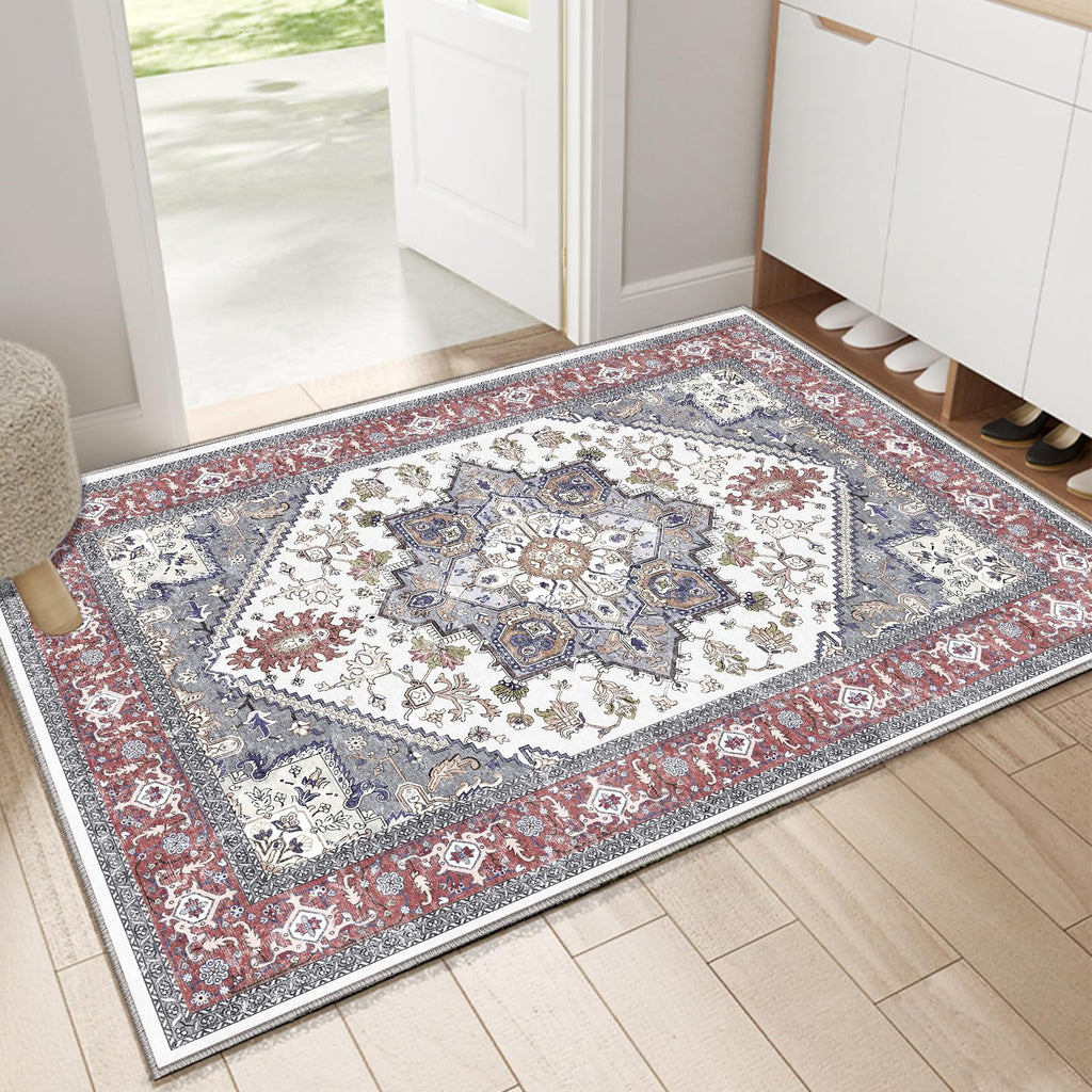 OPPODREAM Soft Area Rugs 2x3, Persian-Inspired Washable Rug, Red & Grey