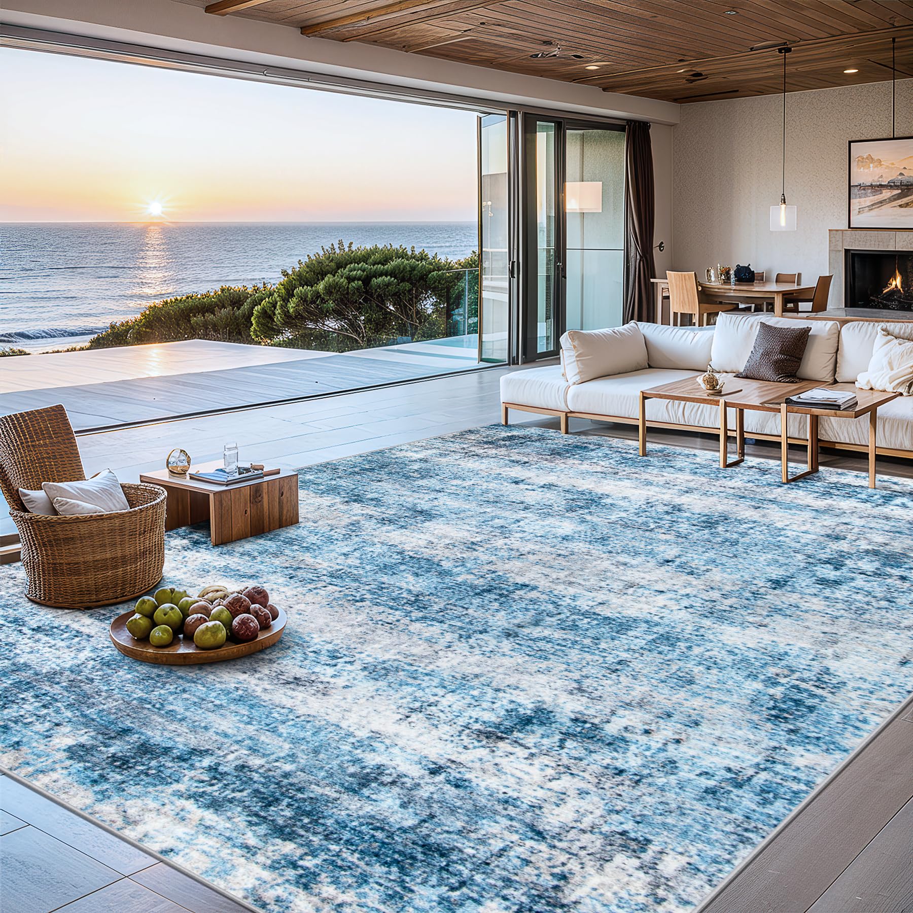 PLHXFR Area Rug Living Room: 4x6 Modern Abstract Washable Carpet Blue