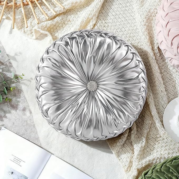HIG Set of 2 Silver Metallic Leather Decorative Round Pleated Throw Pillows