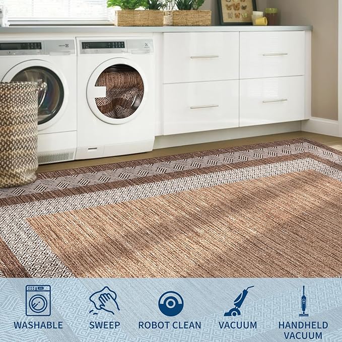 GarveeHome Modern Geometric Area Rug 2x3 Distressed Bordered Washable Non Slip Floor Small Carpet Non Shedding Thin Soft Low Pile Rug, Contemporary Gray Rug for Dining Room, Living Room Dark Brown