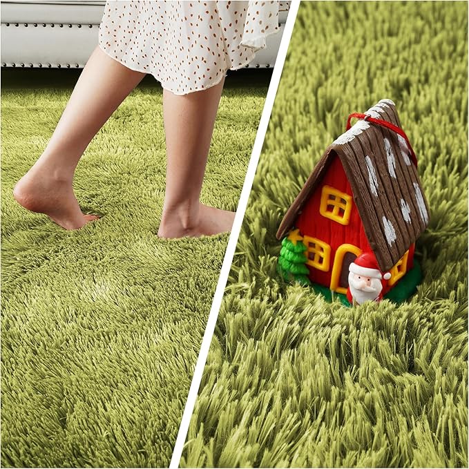junhejiamei Fluffy Rug Shag Area Rug,Grass Green 3x5 Area Rugs for Bedroom