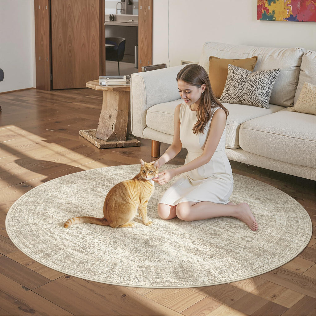 Soalmost 6x6 Beige Round Rug 6ft Circle Living Room Area Rugs Non-Slip