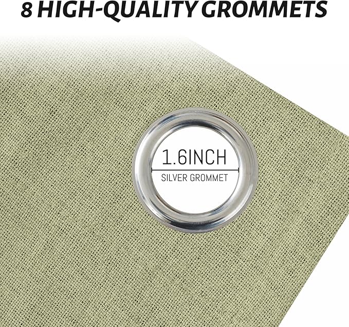 Yakamok Sage Green Linen Curtains 100% Blackout 96 Inches Long,Room Darkening Textured Curtains for Living Room Thermal Grommet Bedroom Curtain 2 Panels with Greyish White Liner