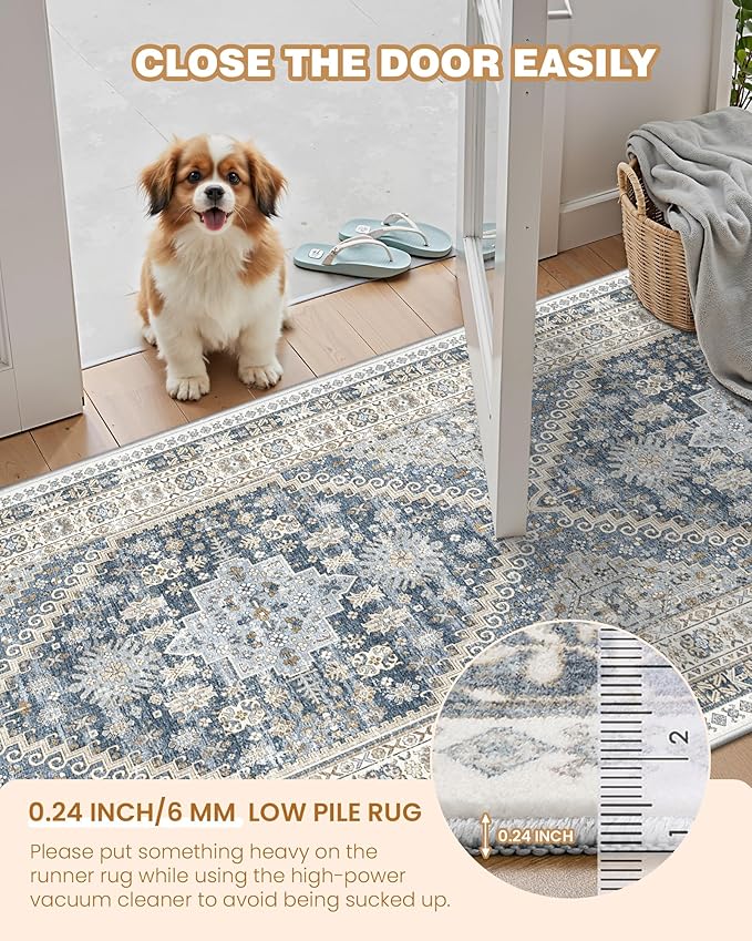 Washable Runner Rug 2.5x14, Non-Slip Long Kitchen Mats for Floor, Vintage Rug for Entryway, Soft Hallway Runner for Dining Room, Bedroom, Living Room(Blue/Beige,2.5'x14')