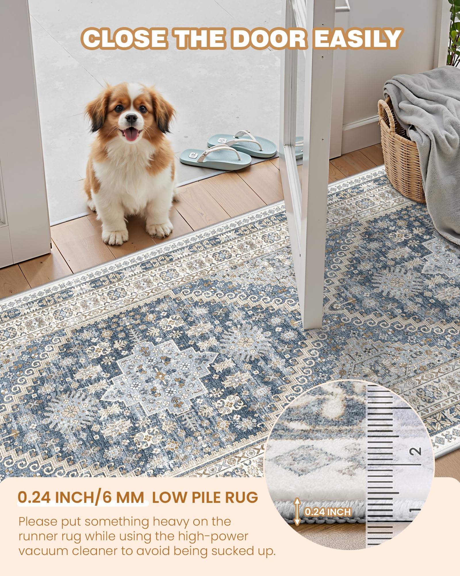Restydon 3x10 Runner Rug Non Slip Washable Hallway Runner, Blue/Beige
