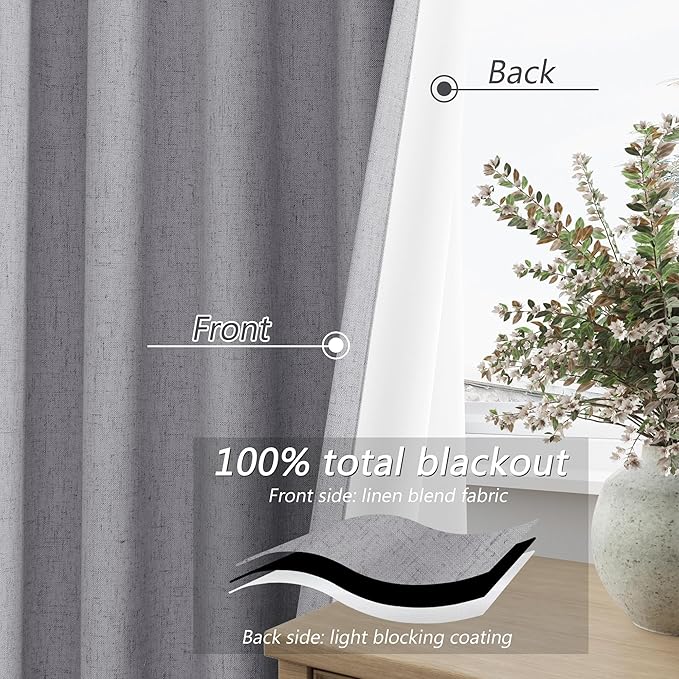 Guken Grey 100% Blackout Curtains 108 Inch Length 2 Panels Set for Living Room Bedroom Back Tab Thermal Insulated Black Out Linen Drapes Room Darkening Window Curtains 52x108