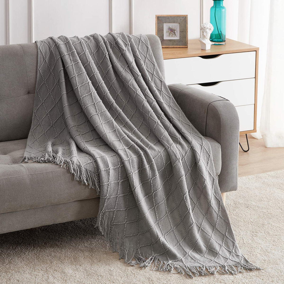 BOURINA Green Throw Blanket 50x60 Inch Boho Knitted Soft Throw Sofa Blanket