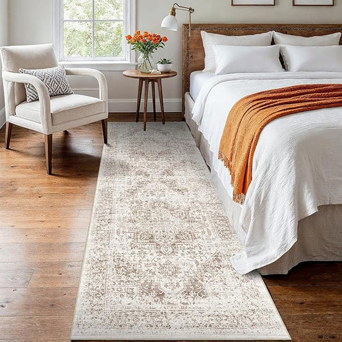 2x8 Washable Runner Rug: Vintage Medallion Kitchen Soft Rugs IvoryBeige