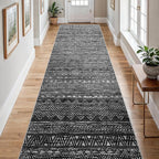 4x12 Washable Hallway Runner Rug：Moroccan Non-Slip Wide Runners for Entryway Kitchen Soft Modern Geometric Low-Pile Rugs for Living Room Thin Waterproof Carpet for Bedroom Bathroom Laundry(Black,4x12)