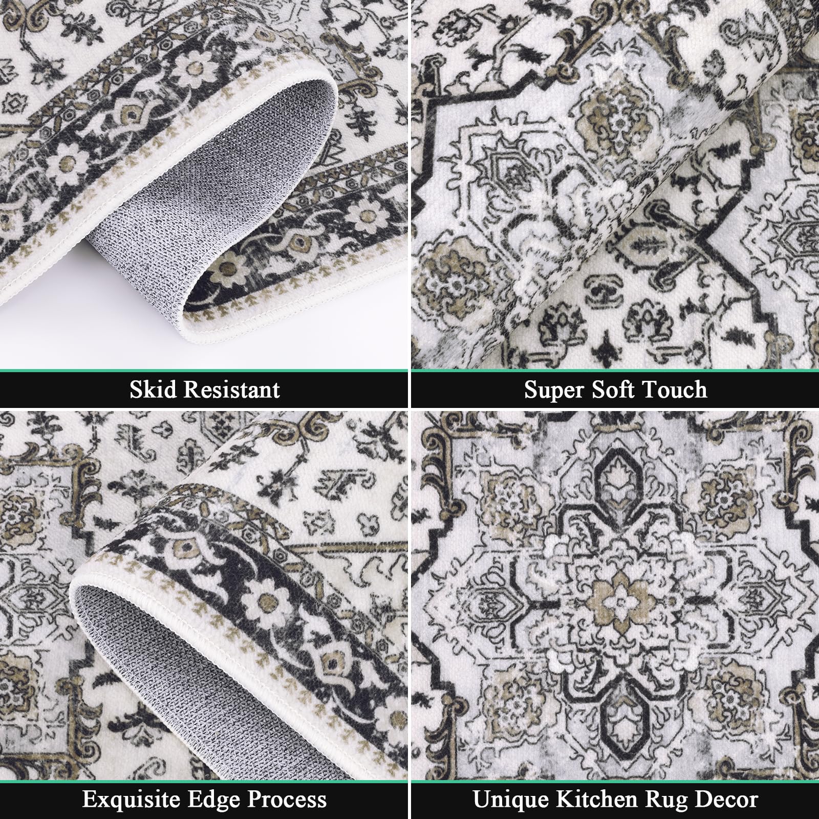 HEBE Boho Kitchen Rugs Set of 3, Non Slip Washable Kitchen Mats for Floor