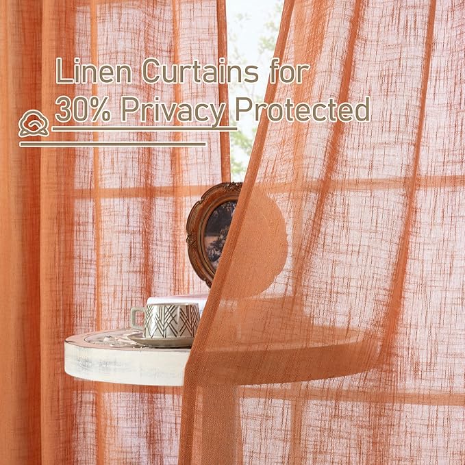LAMIT Linen Curtains 48 Inch Length 2 Panels, Light Filtering Panels Back Tab and Rod Pocket Country Decor Drapes for Kitchen/Window/Loft Room/Bedroom, 34 x 48 Inch, Burnt Orange