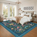 GarveeHome Washable Rug 8x10 Area Rugs for Living Room, Floral Rug for Bedroom, Soft Vintage Non Slip Throw Rugs with Rubber Back, Low Pile Stain Resistant Boho Floral Carpet for Dining Room, Blue