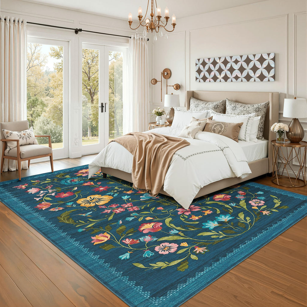 GarveeHome Washable Rug 8x10 Area Rugs for Living Room, Floral Rug for Bedroom, Soft Vintage Non Slip Throw Rugs with Rubber Back, Low Pile Stain Resistant Boho Floral Carpet for Dining Room, Blue