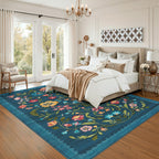 GarveeHome Washable Rug 8x10 Area Rugs for Living Room, Floral Rug for Bedroom, Soft Vintage Non Slip Throw Rugs with Rubber Back, Low Pile Stain Resistant Boho Floral Carpet for Dining Room, Blue