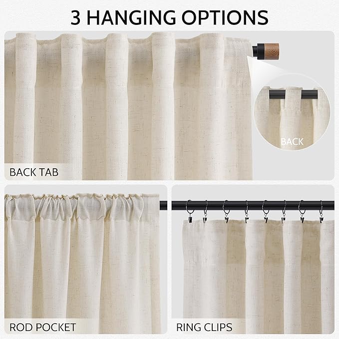 Birch Beige Linen Curtains for Living Room 105 Inches Long Light Filtering Semi Sheer Curtain Back Tab Modern Farmhouse Decor Elegant Luxury Coastal Drapes for Bedroom Dinner Room 52x105, 2 Panels