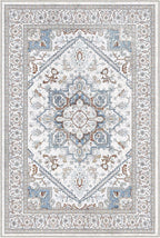 OPPODREAM Soft Neutral Area Rugs 5x7, 5x7 Washable Rug with Non Slip Backing, 5 x 7 Faux Cashmere Low-Pile Carpet, Cream White & Blue & Light Brown