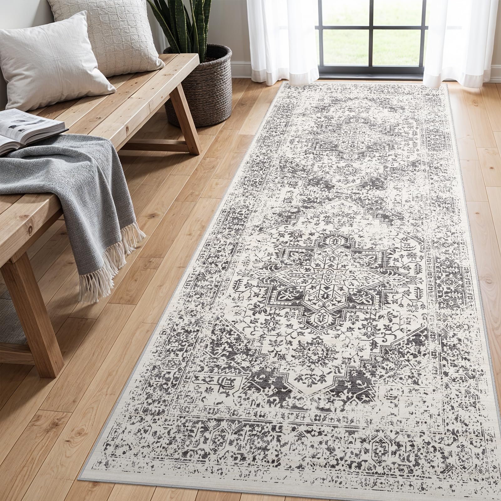 EISUROM 4x8 Washable Hallway Runner Rug: Vintage Wide Low Pile Rugs Gray