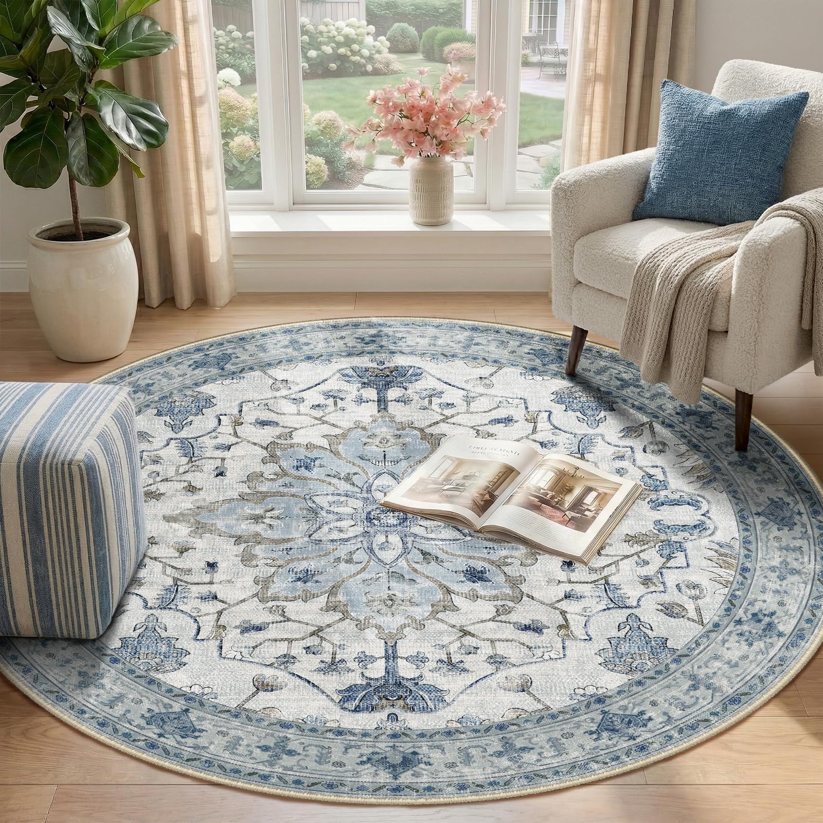 RELEANY Washable Area Rug, Round 4ft, Blue/White/Gray