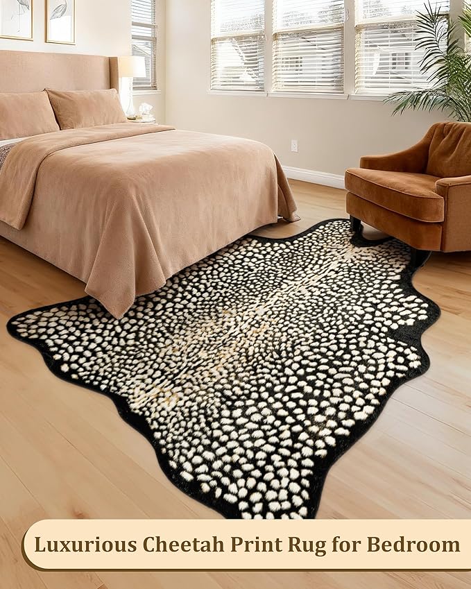 Leopard Print Rug for Living Room, Cheetah Rug 6.2x8.2 Faux Animal Print Skin Cheetah Area Rug for Bedroom Nursery Animal Fur Hide Irregular Shaped Rustic Antelope Black