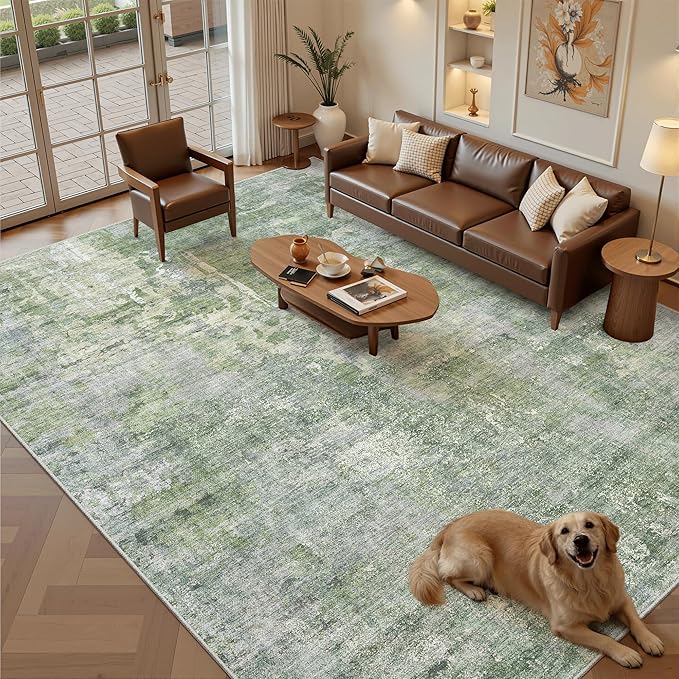 Soalmost Abstract Rug 8x12 Large Living Room Area Rugs Washable Green/Ivory