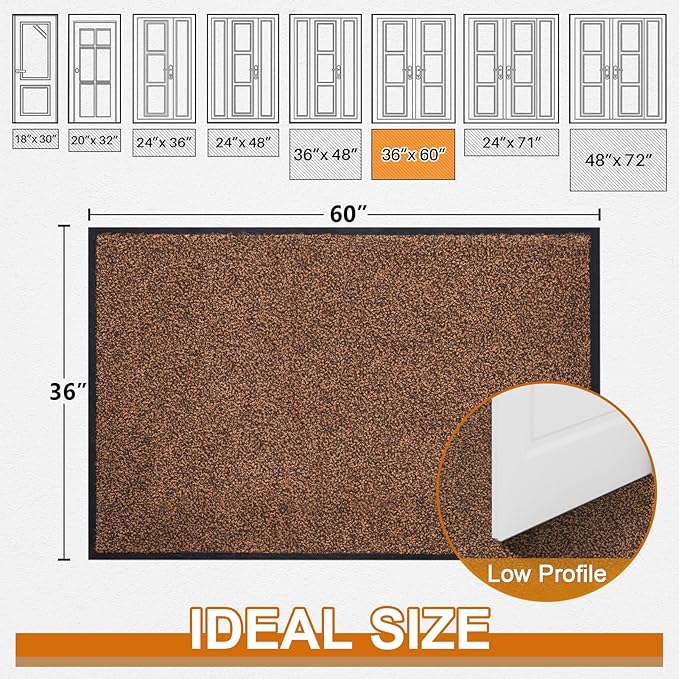 Mibao Super Absorbent Front Door Mat, 60" x 36", Non-Slip Washable Indoor Doormats, Low Profile Entryway Rug Outdoor, Dirt Resistant Welcome Mats for Front and Back Door Entrance, Brown