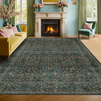 Washable Dark Green Rug for Living Room - 9x12 Large Area Rug for Dining Room Under Table, Bedroom, Soft Low Pile Non-Slip Stain Resistant Carpet - Vintage Floral Design (9x12 Dark Green)