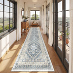 Runner Rug 2x10, Ultra-Thin Kitchen Rugs Non Slip Washable Rugs for Entryway Rug, Kitchen Runner Low Pile Vintage Soft Carpets for Living Room, Bathroom Bedroom (Blue/Beige,2'x10')