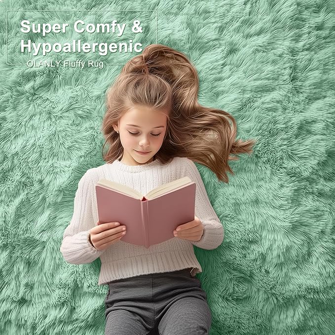OLANLY 2x8 Machine Washable Runner Rugs for Hallway, Soft Fluffy Shaggy Bedside Rugs for Bedroom, Living Room, Indoor Floor Carpet for Kids Girls Boys, Nursery Rooms, Home Decor Aesthetic, Mint Green