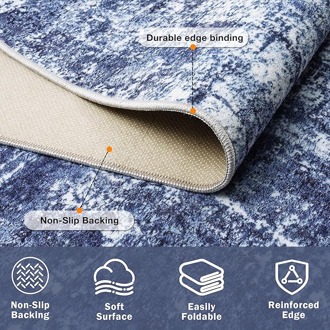 8x10 Washable Area Rug for Living Room Bedroom: Non-Slip Modern Navy Blue
