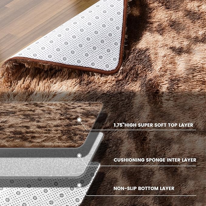 6x9 Area Rugs for Living Room, Ultra Soft Shaggy Rugs Carpets, Anti-Skid Soft Fluffy Shag Fur Bedroom Rugs for Kids Boys Girls Dorm Nursery Home Decor Aesthetic, Tie-Dyed Brown