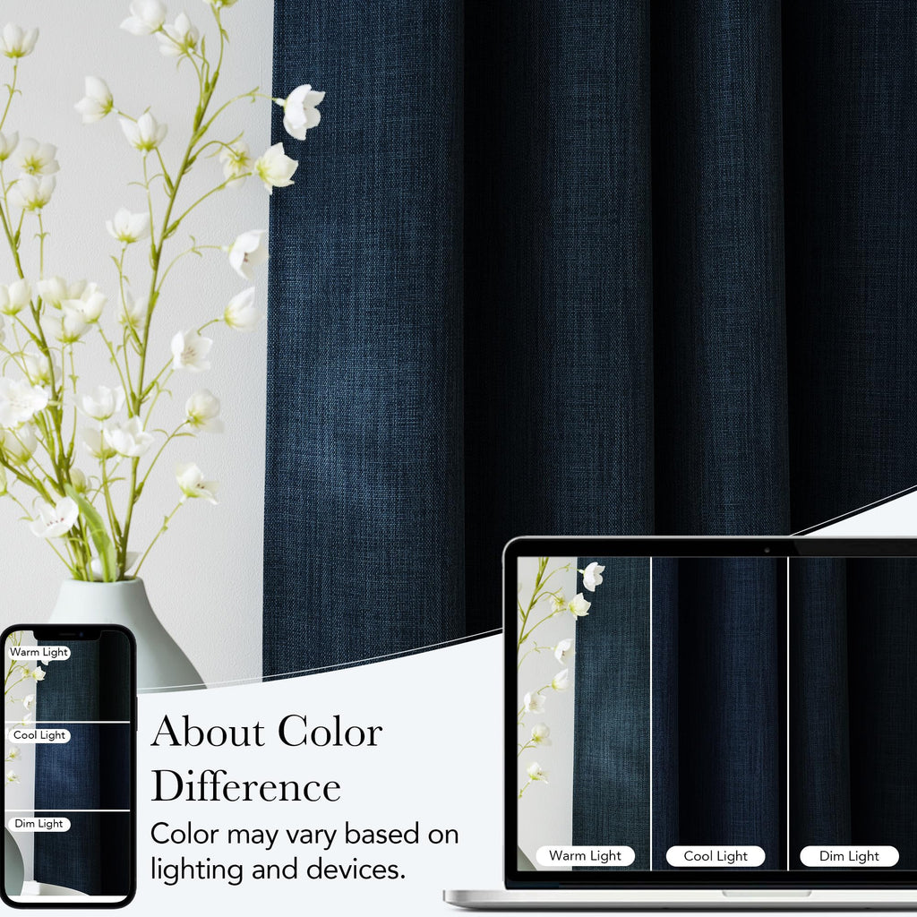 NICETOWN Faux Linen Navy Blue Blackout Curtains 84 inches Long for Living Room - Privacy Panels for Bedroom, Modern Farmhouse Style Easy Care Grommet Top, 2 Panels, W52 by L84