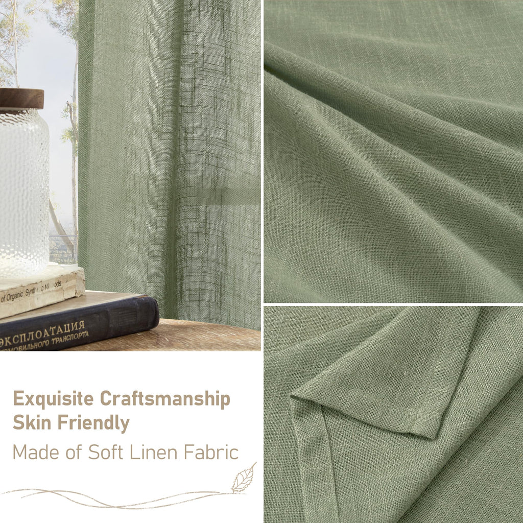 LAMIT Short Window Linen Curtains 36 Inch Length 2 Panels, Sage Green Light Filtering Panels Back Tab and Rod Pocket Neutral Drapes for Bathroom/Loft Room, 34 x 36 Inch