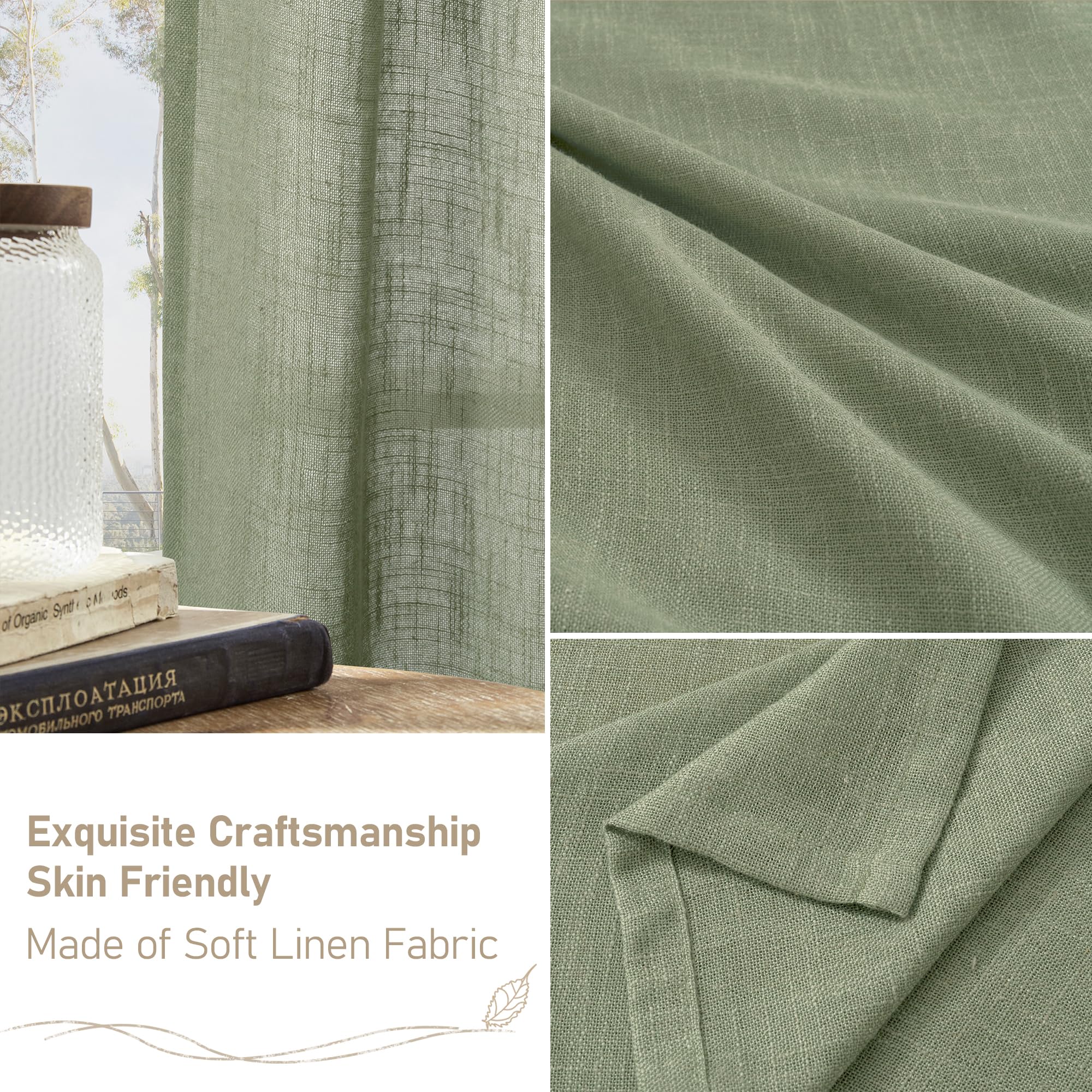 LAMIT Short Window Linen Curtains 36 Inch Length 2 Panels, Sage Green Light Filtering Panels Back Tab and Rod Pocket Neutral Drapes for Bathroom/Loft Room, 34 x 36 Inch