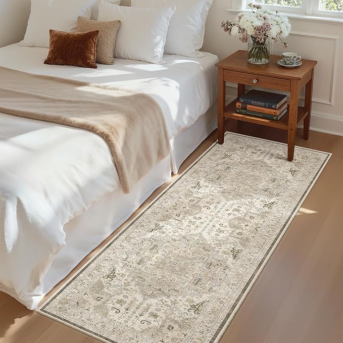 Madane Washable Runner Rug 2x6, Ultra-Thin Non-Slip Non-Shedding Hallway Runner, Stain Resistant Kitchen Mat Entryway Carpet Runner, Vintage Pet Friendly Low Pile Runners (2x6ft, Ivory/Brown)