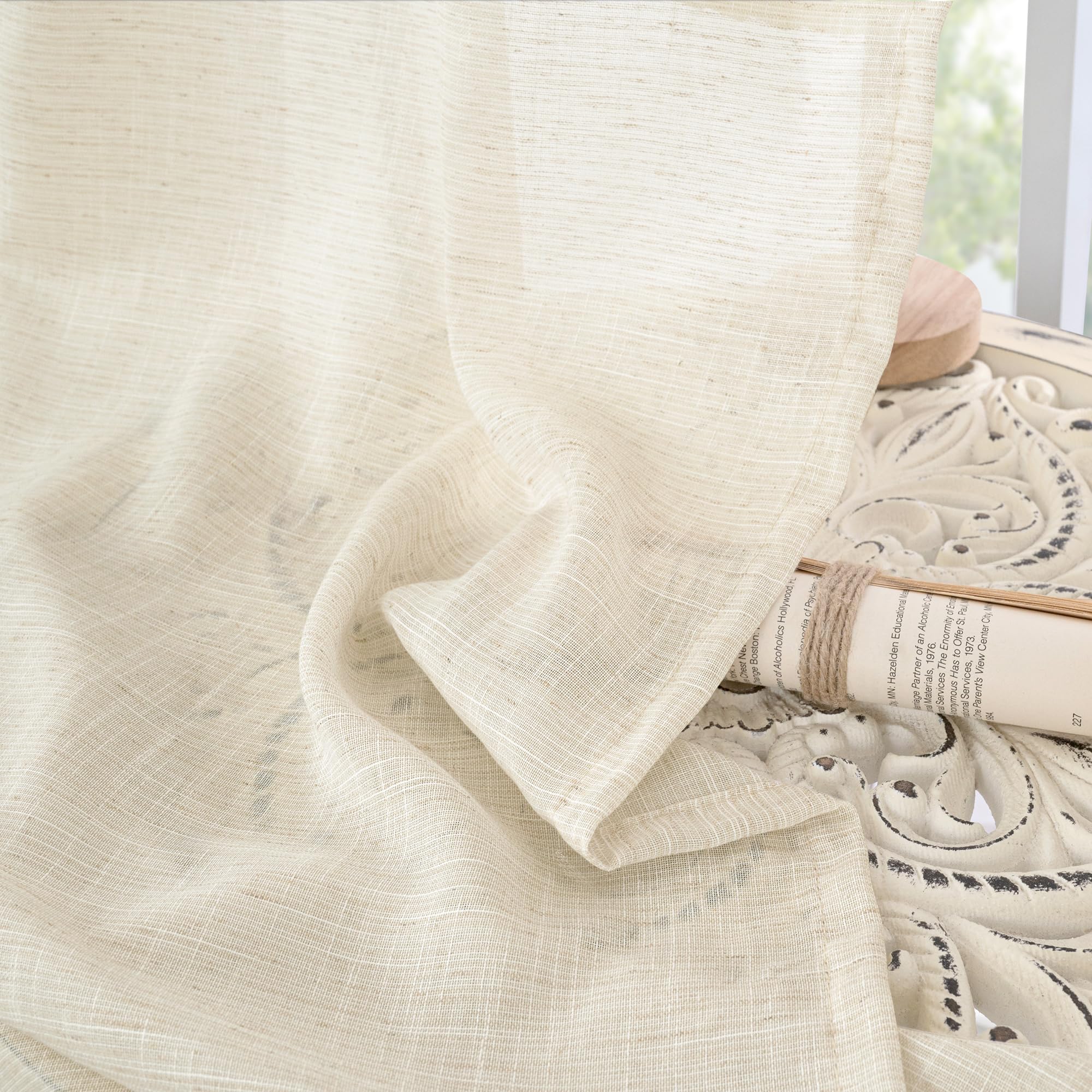 BGment Short Linen Curtains 36 Inch Length for Kitchen Window - Semi Sheer Beige Small Drapes Textured Rustic Natural Rod Pocket for Cafe Lightweight Decorative, 2 Panels, Each Panel 42 Inch Wide