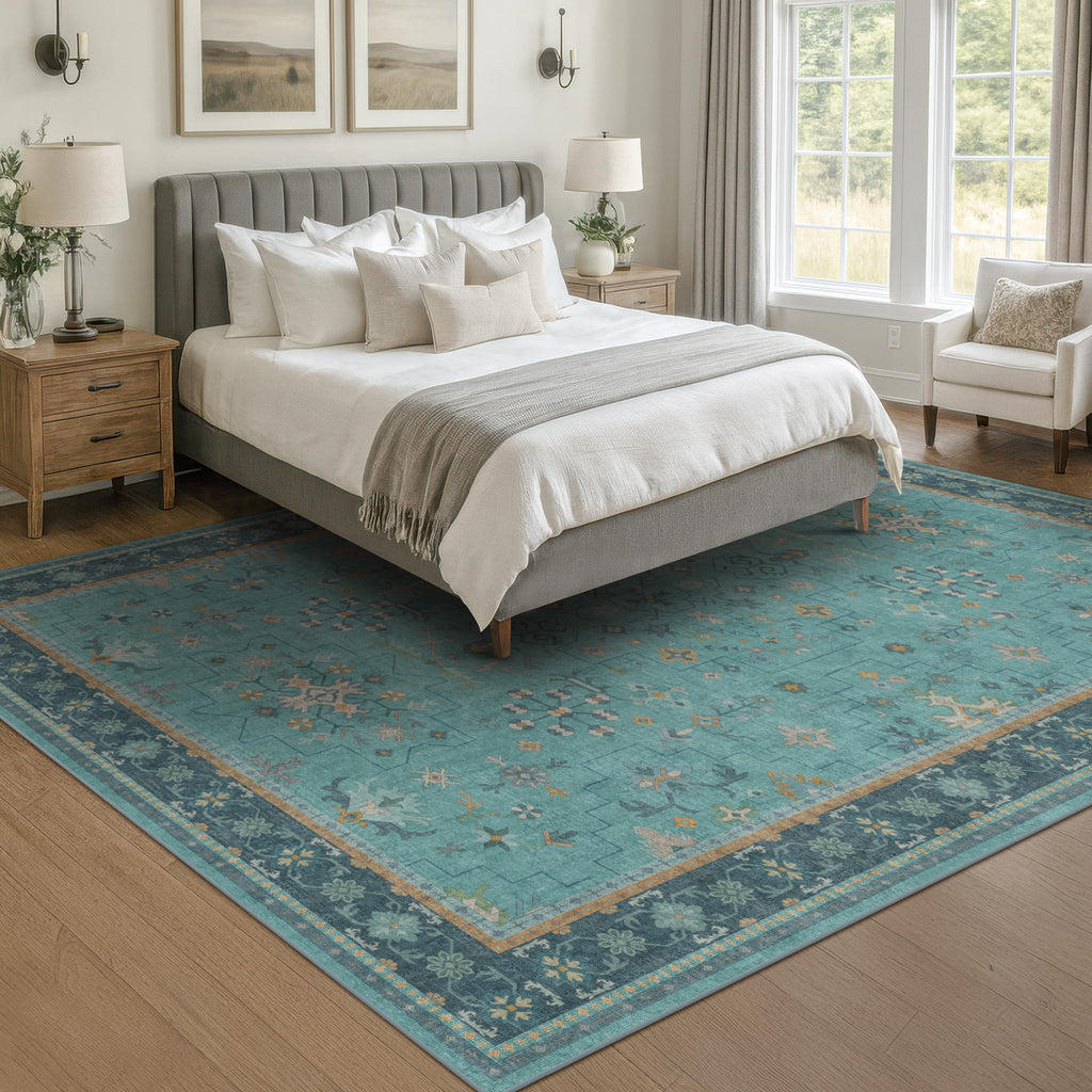 5x7 Teal Rug for Living Room, Boho Turquoise Rugs for Bedroom, Modern Eclectic Low-Pile Carpet for Dining Table, Washable Non-Slip with Rubber Back