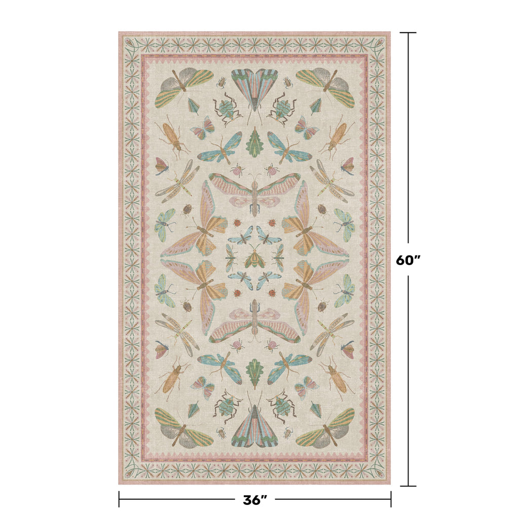 3x5 Flower Area Rug for Girls Bedroom - Washable Light Pink Large Entryway Rug for Laundry Room, Kitchen, Bedroom, Dorm, Insect Print Vintage Floral Non-Slip Throw Rug Low Pile Stain Resistance
