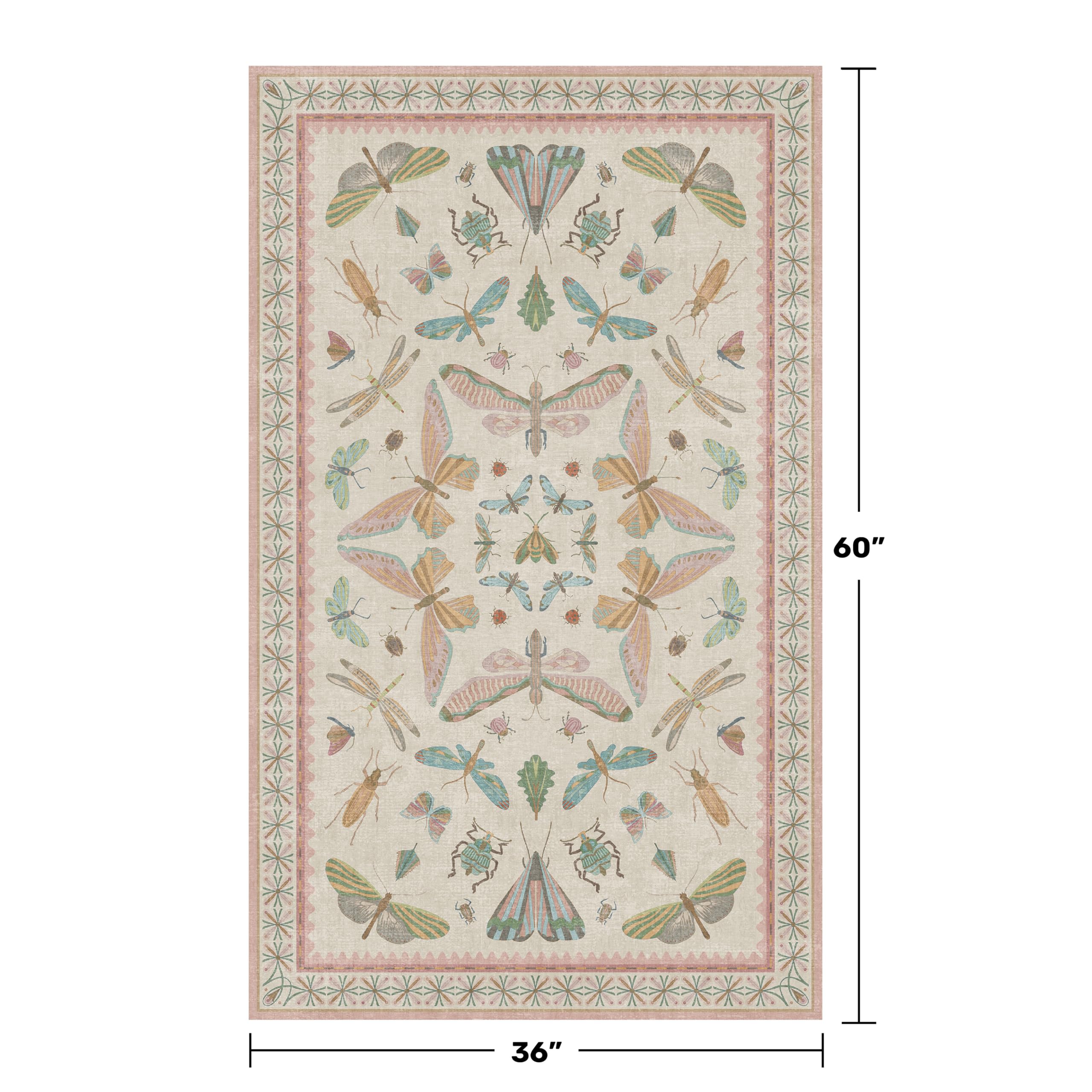 3x5 Flower Area Rug for Girls Bedroom - Washable Light Pink Large Entryway Rug for Laundry Room, Kitchen, Bedroom, Dorm, Insect Print Vintage Floral Non-Slip Throw Rug Low Pile Stain Resistance