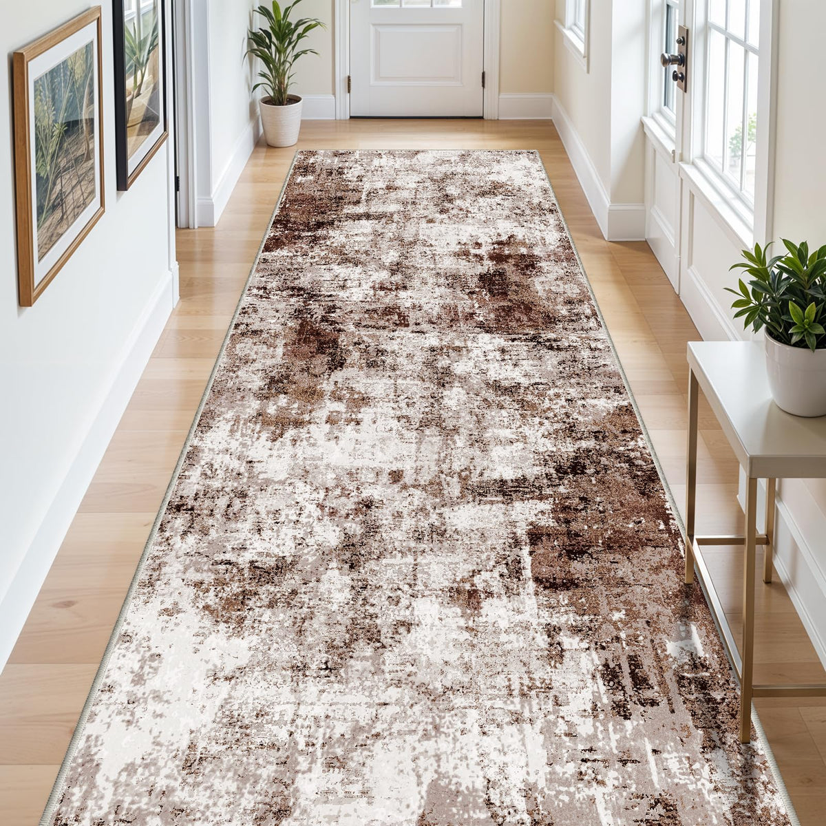 3x12 Washable Hallway Runner Rug: Extra Long Runners for Entryway Living Room Dining Room - Stain and Water Resistant Rugs with Non-Slip Backing - Soft Low-Pile Carpet 12ft Beige Grey
