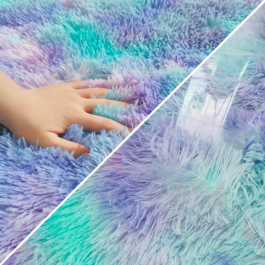 JiaoBaba Super Soft Fluffy Living Room Area Rug 2x8 ft Purple Rainbow Tie-Dyed Shaggy Furry Carpet Washable Non-Slip Carpets Bedroom Bedside Nursery Rug Cute Colorful Room Decor for Girls