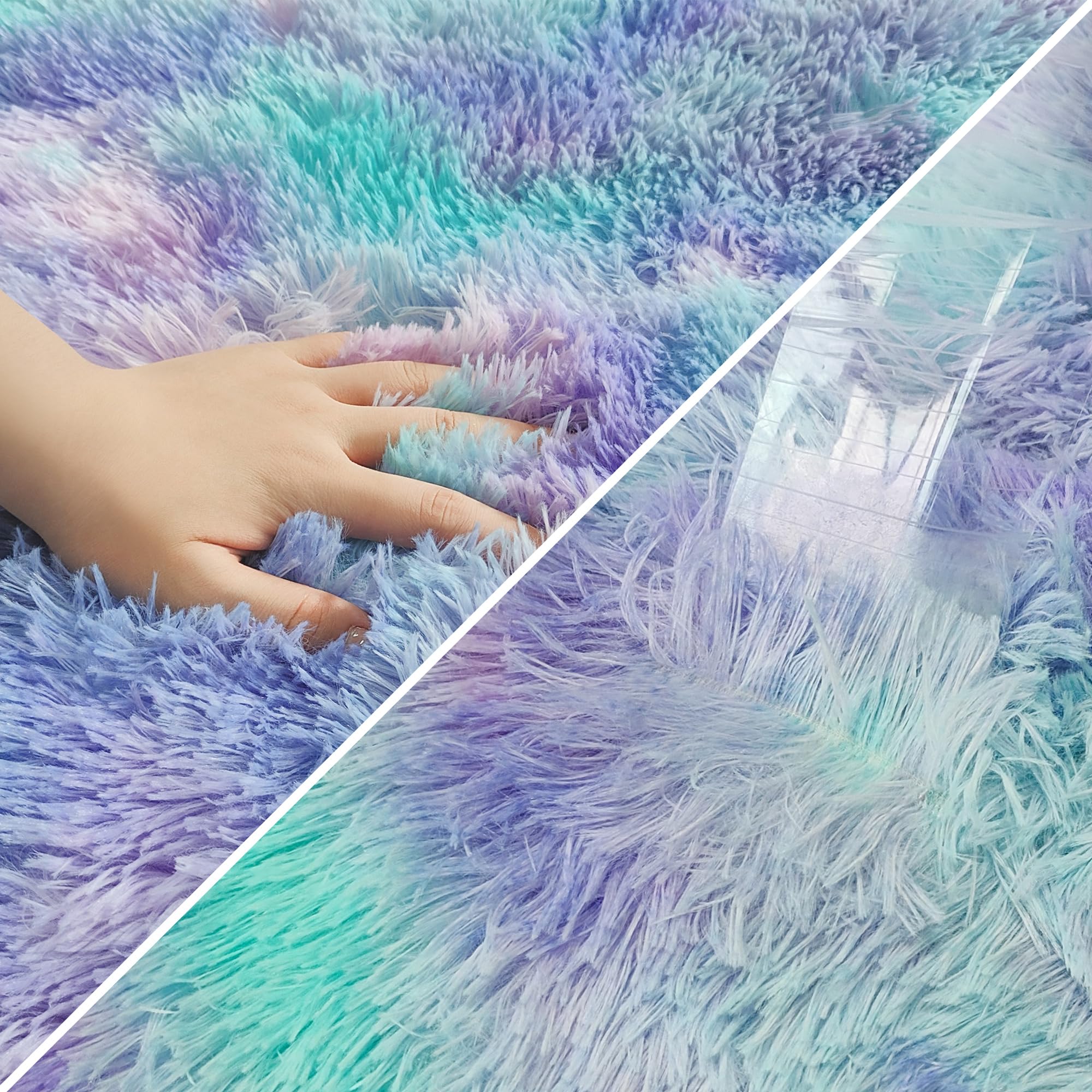 JiaoBaba Super Soft Fluffy Living Room Area Rug 2x8 ft Purple Rainbow Tie-Dyed Shaggy Furry Carpet Washable Non-Slip Carpets Bedroom Bedside Nursery Rug Cute Colorful Room Decor for Girls