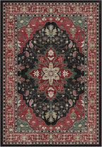 Area Rugs Round 8ft Washable Non-Slip, Floral Vintage Distress Print Pattern Medallion Carpet for Living Room Bedroom Dining Room, Red Black
