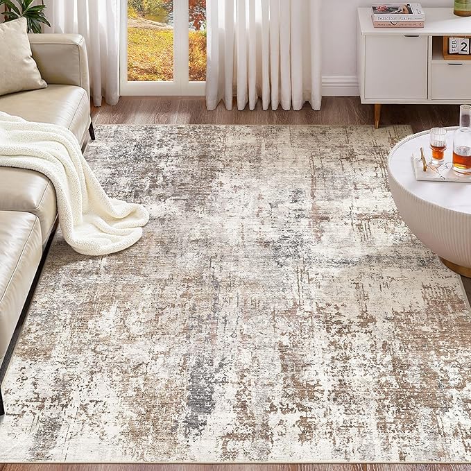 Area Rug Living Room Rugs - Washable Neutral Modern Abstract Soft Thin Rug Indoor Floor No Slip Rug Carpet for Bedroom Under Dining Table Home Office Decor - Brown/Grey/Red - 9x12