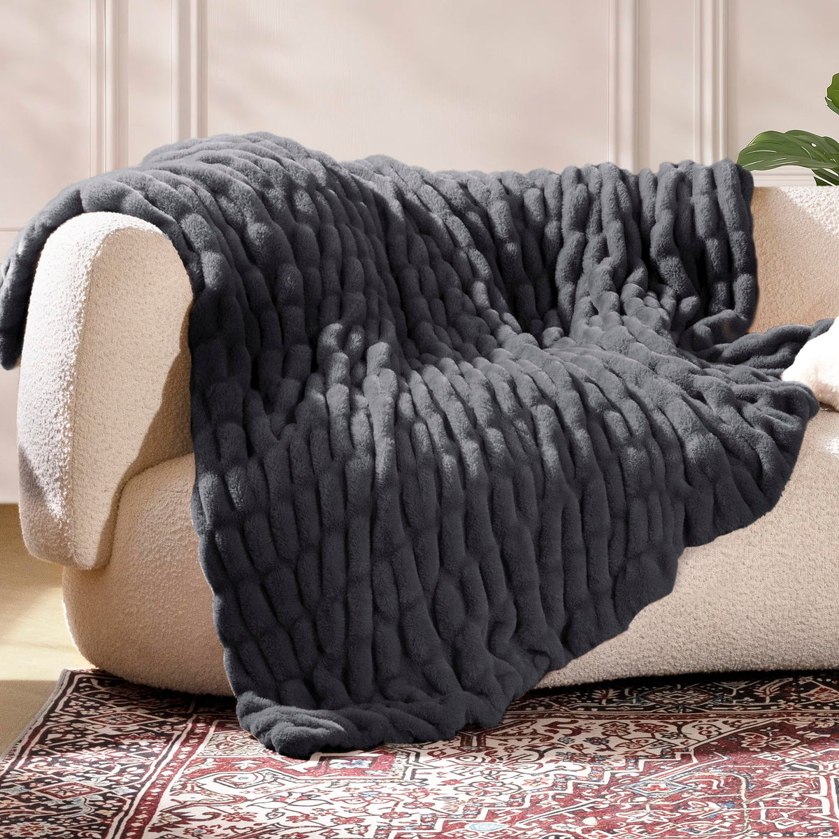 blunique Double-Sided Faux Fur Throw Blanket, 1000 GSM Ultra Soft Faux Rabbit Fur Blanket with Ruched Texture, Thick Fluffy Cozy Plush Blanket for Couch, Sofa, Bed, 50" x 60", Tie Dye Camel