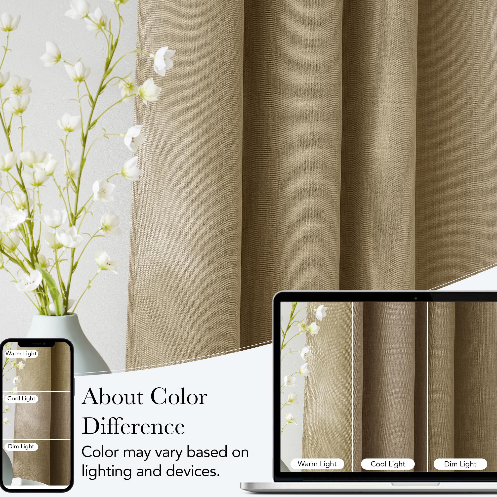 NICETOWN Oatmeal Faux Linen Room Darkening Rod Pocket Curtains 63 inch Length, W42 x L63, Light Blocking Thermal Insulated Noise Reducing Drapes for Bedroom Living Room Farmhouse Decor, 2 Panels