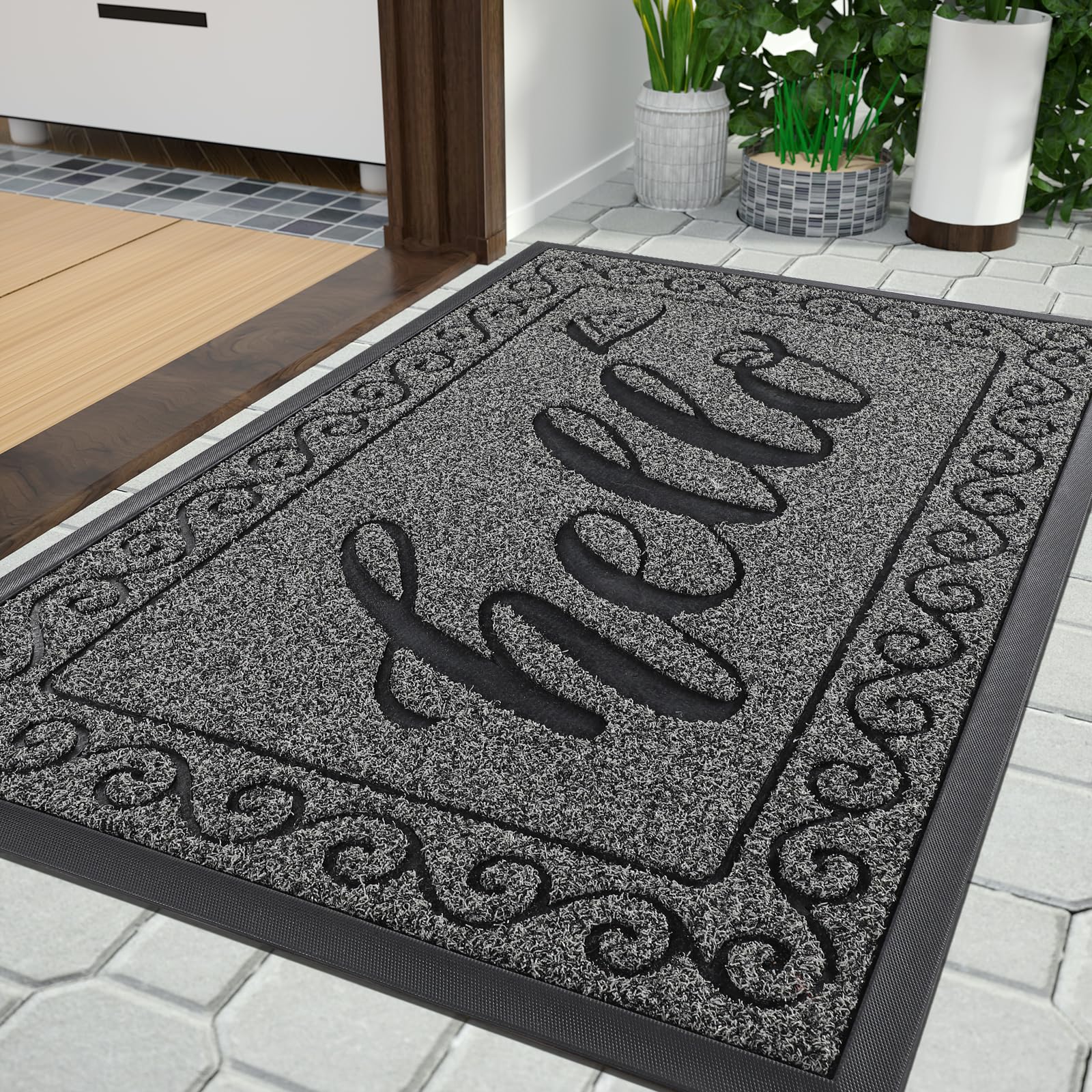 Yimobra Welcome Mats for Front Door 29.5x17, Heavy Duty Waterproof Outdoor Door Mat Outside Entrance, Non-Slip Low Profile Indoor Entryway Mat for Garage Patio, Black Gray