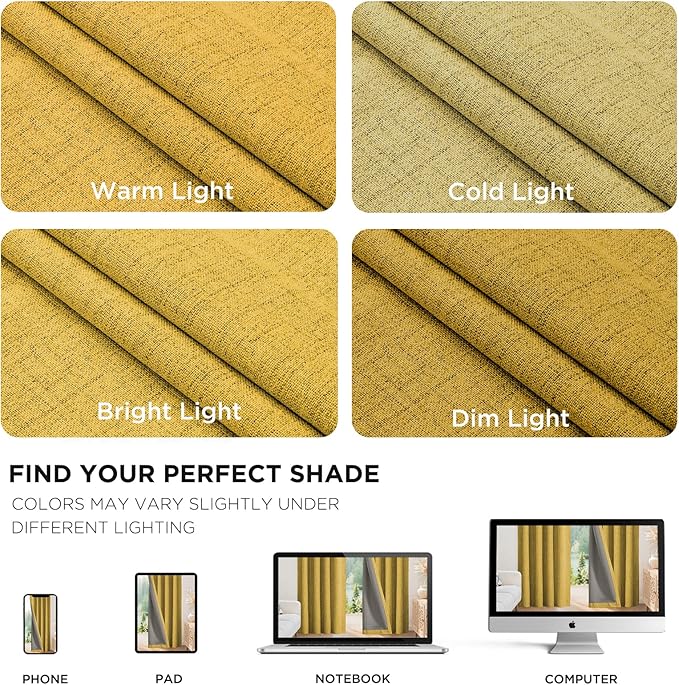 Joydeco Blackout Curtains for Bedroom - 90 Inch Long 100% Light Blocking 2 Panels Set Yellow Drapes, Thermal Insulated Room Darkening Curtains, Linen Textured for Living Room, Rod Pocket & Back Tabs